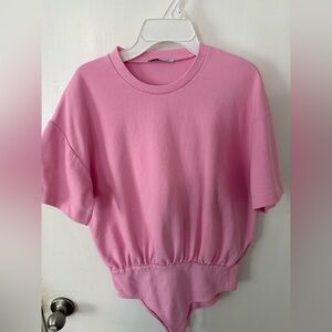 Zara Pink Short-Sleeve Elastic-Hem Top Bodysuit